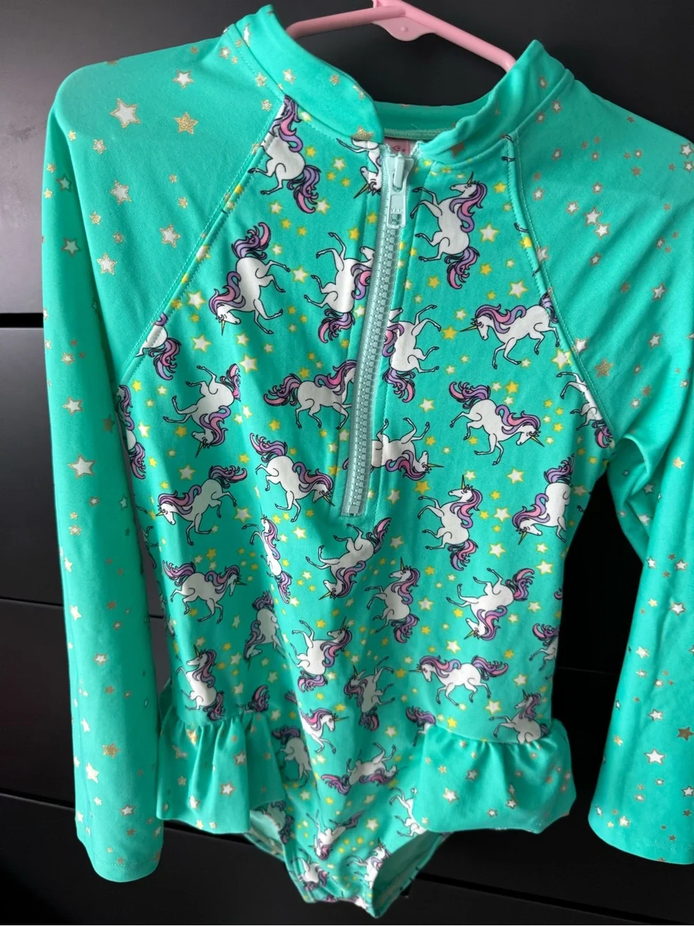 Kids' Teal Unicorn Long-Sleeve Rash Guard Swimsuit